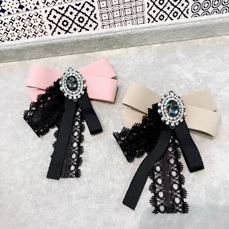 

New Rhinestone Crystal Brooch for Women Girls Asymmetric Bow Lace Flower Ribbon Collar Tie Hair Clips Sweet Clothes Accessories