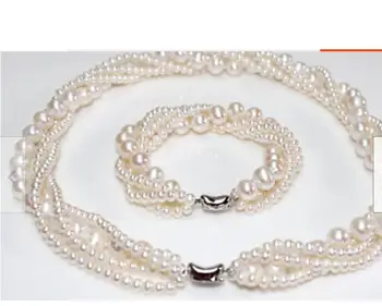 

Beautiful 6row 6-10mm white pearl necklace 18inch &bracelet 8"set