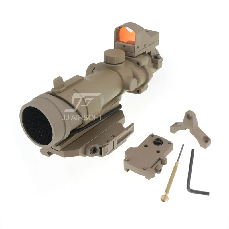 

JJ Airsoft ACOG Style 4x32 Scope with Mini Red Dot and Killflash / Kill Flash , AC12033 Bobro Style QD Mount (Tan)