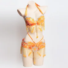 Горячая Распродажа, женский комплект для танца живота, костюм для танца живота, одежда, сексуальная ночная одежда для танца живота, карнавальные топы, цепочка, бюстгальтер, пояс, WY7111