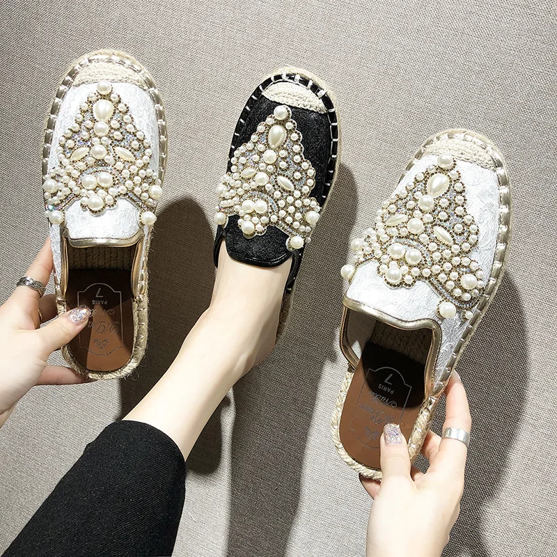 

2019 summer new style simple and simple solid color flat shoes women comfortable rhinestone decoration casual fisherman shoes