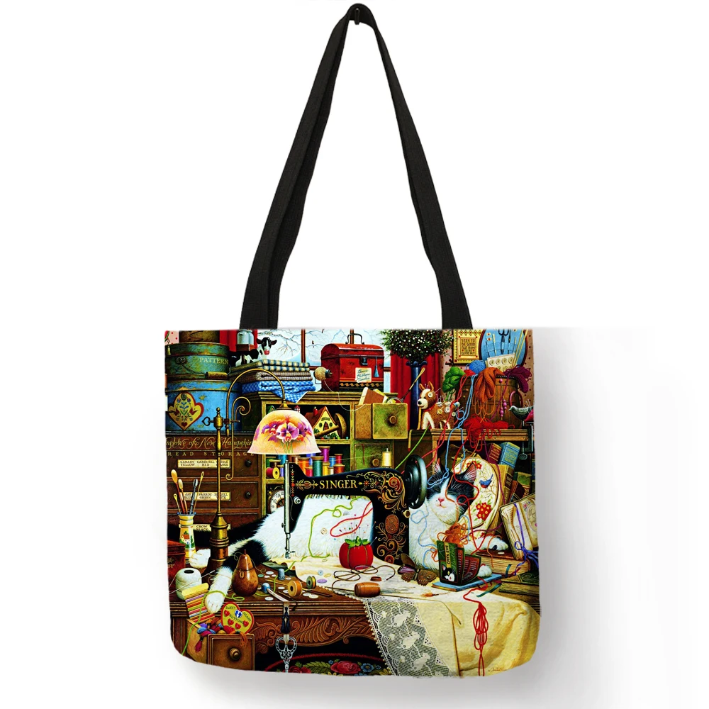 custom oil paint cat print women's tote: linen, reusable, grocery, shoulder bag
