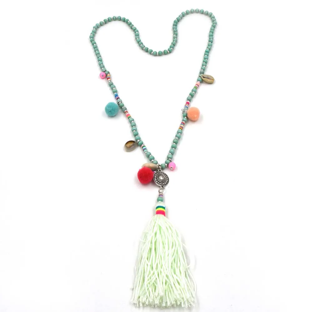 2017 new wooden beaded chain sea shell blue tassel Pompoms pendant maxi collar boho chic long necklace for women