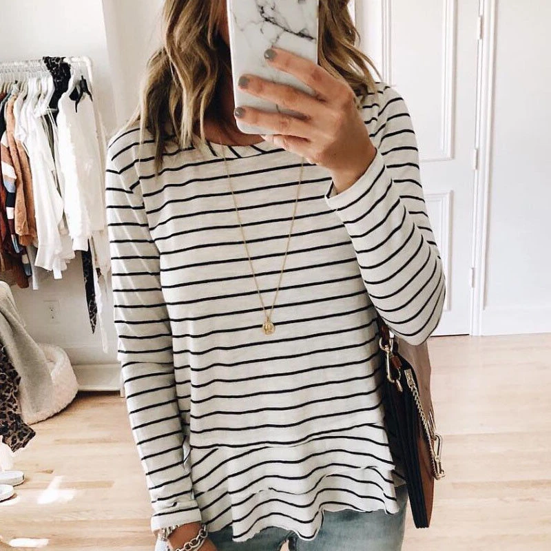 Womens Blouses And Tops Stripe Blouse Women Long Sleeve Blouse Tops Casual Ladies Clothes Loose Round Neck Ruffles Blouses Shirt