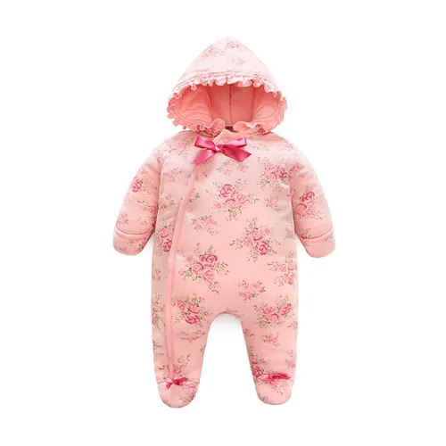 Зимние комбинезоны для новорожденных девочек с цветочным принтом; плотный теплый хлопковый комбинезон с капюшоном; Рождественская Одежда для девочек; боди; костюмы - Цвет: Pink Floral