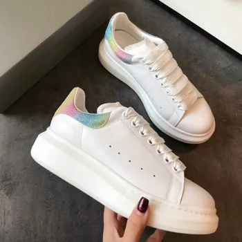 

Glitter Colorful Back Women White Tennis Shoes Rainbow Color Flats Genuine Leather Lace-up Sneakers Ladies Casual Platform Shoes