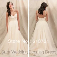 Real Sample Wedding dresses Sexy V Neck Spaghetti Strap Ruched Ivory Tulle Court Train B01112