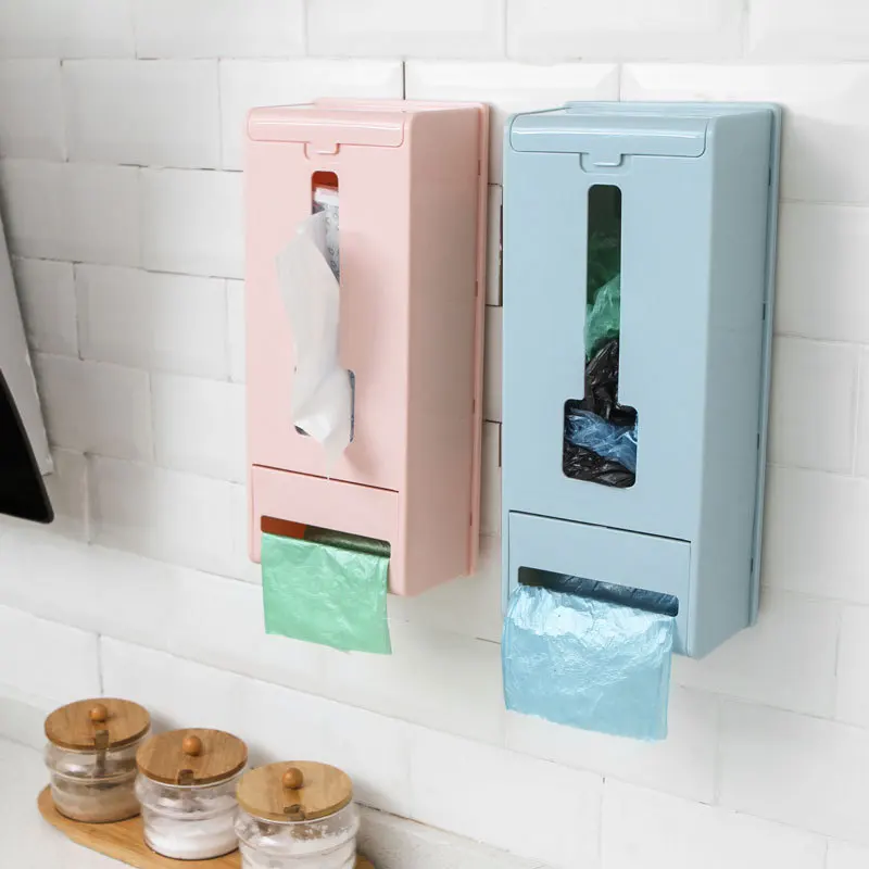 

Kitchen Organizer Wall-mounted Storage Box Eco-friendly Multi-purpose Garbage Bags Storage Box For Plastic Bags Tray