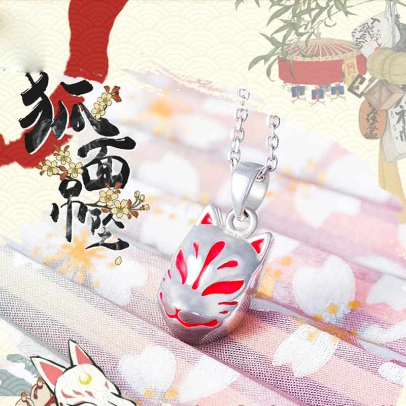 

Japanese Anime Fox Mask Pedant 925 Silver Necklace 1.4*1.0cm Japan Myth Jewelry Woman Birthday Gift Red Fox Mask