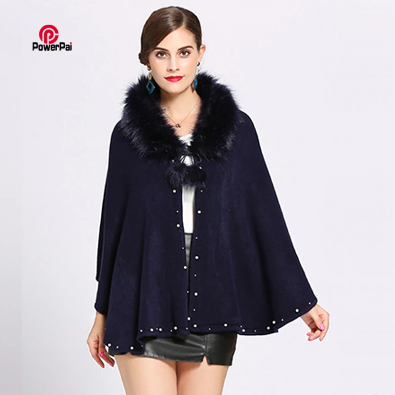 

Fashion Elegant Pearls Embroidery Fox Fur Collar Shawl Cloak Coat Women Cashmere Pashmina Cape Scarf 2018 Autumn Winter New