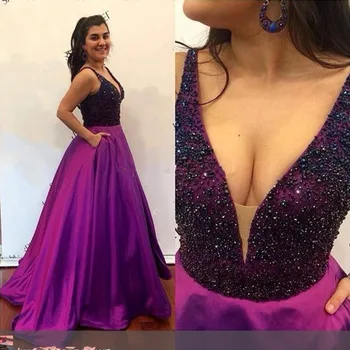 

Long Evening Dresses V-Neck Sleeveless Backless Sweep Train Satin with Beaded Formal Dresses Sexy Party Dress Custom Made
