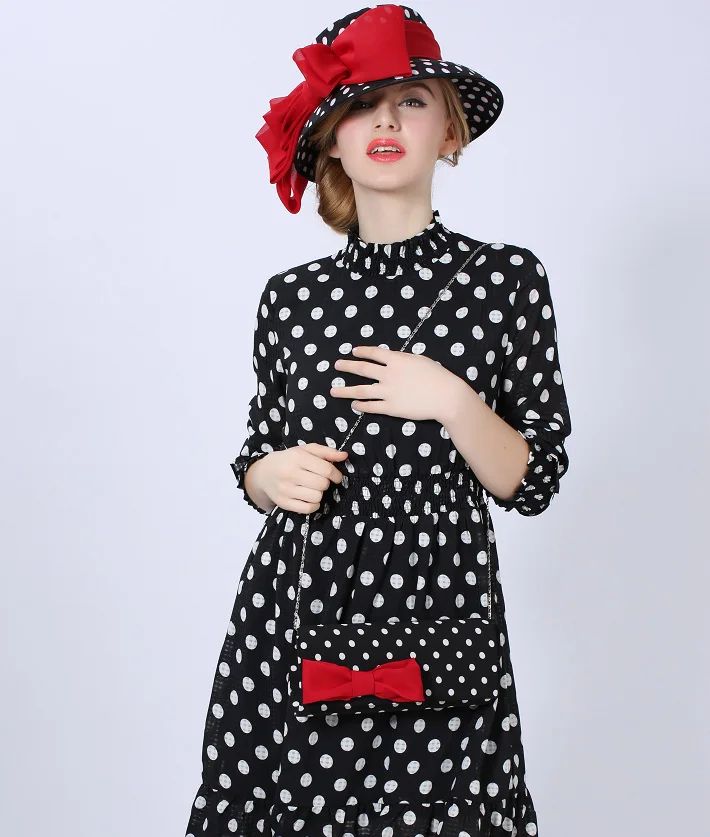 

Hight quality 2019 Fashion Lady Cap Styling Cap Silk Chiffon Red and Black Big Dot For Party Hat Ballroom Hat