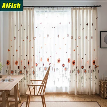 

Sunflower Butterfly Embroidered Semi Blackout Curtains for Children Nursery Room White Sheer Voile Window Tulle Drape TM0293