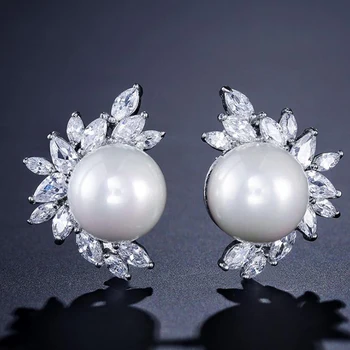

Trendy Ladies CZ Zircon Simulated Pearl Stud Earrings Fashion Design For Wedding&Party Bridal Jewelry Mother's Day Gift