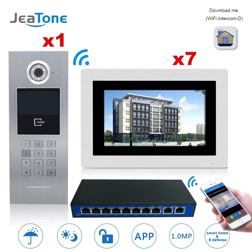 7'' Touch Screen WIFI IP Video Door Phone Intercom +POE Switch 7 Floors Building Access Control System Support Password/IC Card