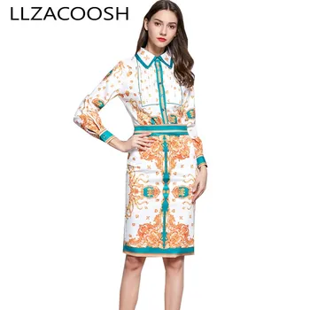 

Runway Fashion Women 2 Piece Set Summer Print Floral Long Sleeve Shirt Suits + High Waist Split Bodycon Pencil Suits