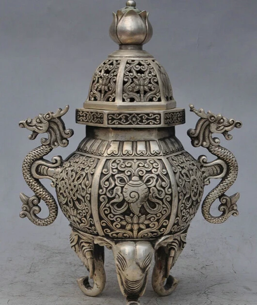 

song voge gem S4926 12" Tibet Silver 8 Auspicious Symbol Statue Dragon Elephant Head Incense Burner