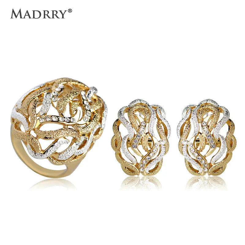 

Madrry Fashion Jewelry Sets Earrings&Ring for Women Party Dress Flower Design Gold Color Metal Shiny Crystals Classic Schmuck
