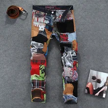 2016 new men jeans spring summer printing slim elastic fashion casual pants painted flowers for star singer dancer party prom