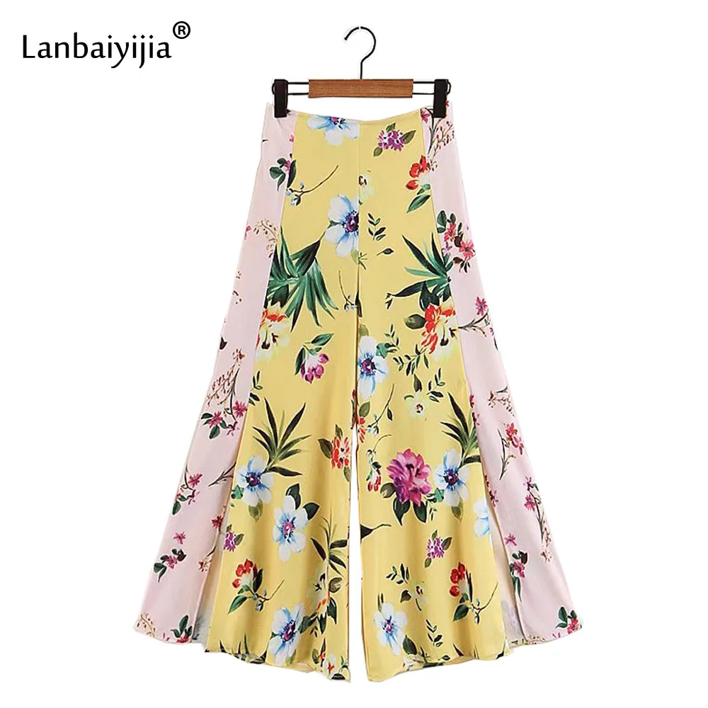 

Lanbaiyijia Newest Ankle-Length Pants women Hot zipper Loose Wide Leg Pants Women Flower print patchwork casual trousers S M L