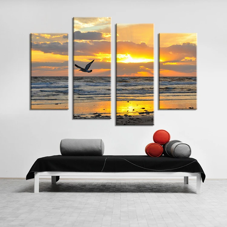 4 Piece birds fly on the ocean sunset Wall painting print on canvas for home decor ideas paintings walls decor