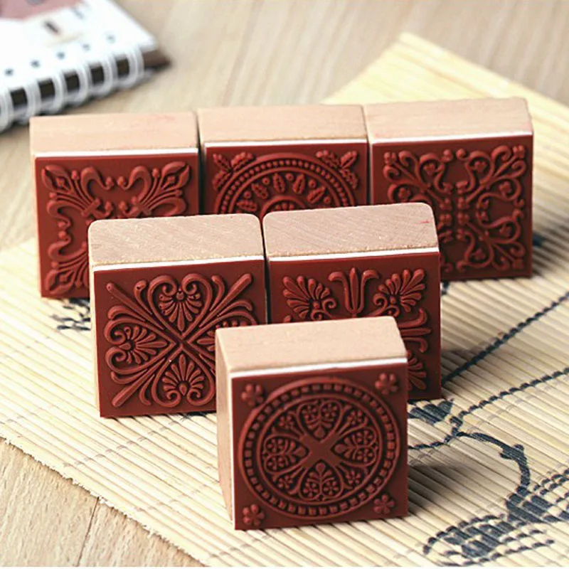 

6pcs Vintage Square Floral Wood Stamp Kids Stationery DIY Handmade Scrapbook Photo Album Students Rubber Stamp Set Crafts Gift