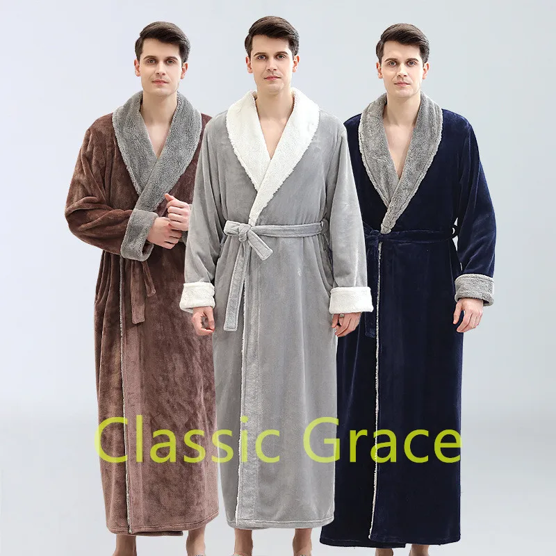 

Elegant Style Robes For Man Thick Warm Flannel Hotel Robe Men's V Neck Winter Bathrobe Gray Roben Classic Trajes Long Elbiseler