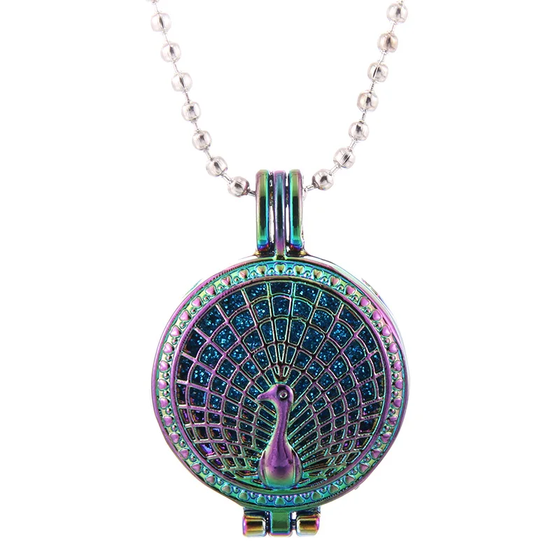 

New rainbow color Colorful Aromatherapy Necklace peacock Essential Oil Diffuser Necklace Perfume Lockets Pendants Locket gift