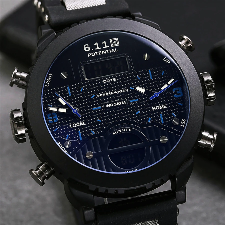6.11 New Big Mens Watch Sport Quartz Men Wristwatches Quartz Black Led Digital Sport Watch Men Relogio Masculino