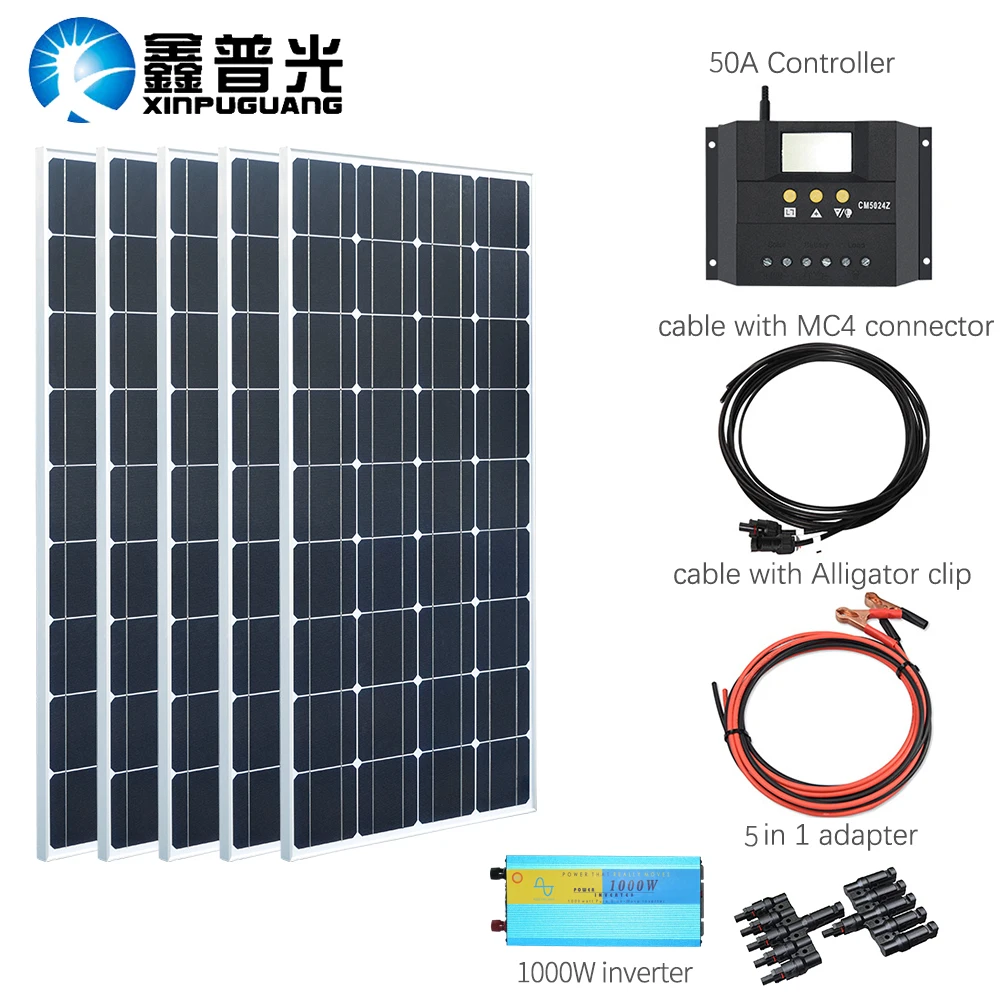XINPUGUANG 100 Вт солнечная панель 500 Вт Solpanel комплекты Система зарядки с 1000 Вт инвертором для 12 В или 24 В батареи для дома Автомобильная промышленность