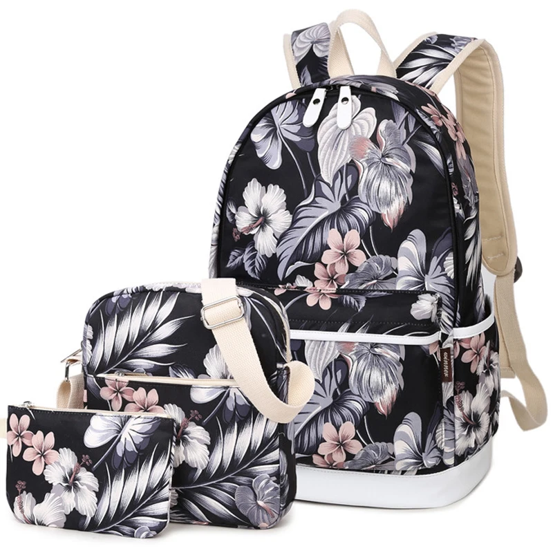 

3pcs/Set Women Flower Printing Backpack Canvas Designer Bagpack Schoolbag for Teenagers Girls Computer Knapsack