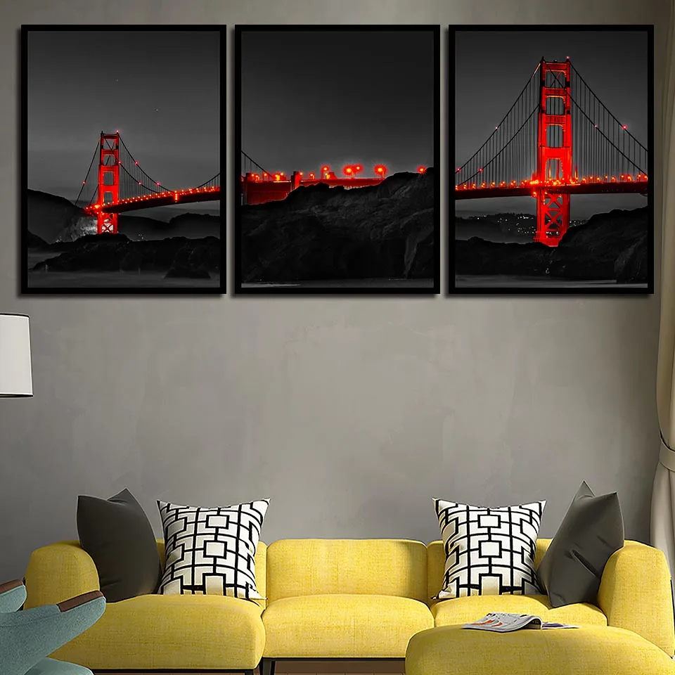 

Nordic Style Pictures Red Golden Gate Bridge Night Landscape Painting Wall Art Poster And Prints Canvas Living Room Home Decor