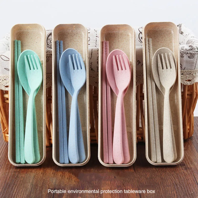 

Hoomall 3PCs/set Cutlery Dinnerware Set Wheat Straw Box Portable Travel Camping Picnic Food Tableware Set For Travel Kids Adult