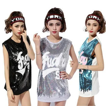 

New Korean Sexy Nightclub DS Sleeveless T-shirt Middle Long Sections Loose Hip-hop Fashion Sequined Paillette Dance Jazz Costume