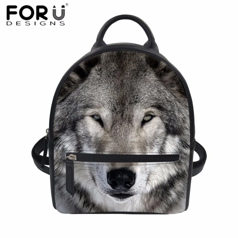 FORUDESIGNS Women Backpack Wolf Print PU Leather Rucksack for Teenager