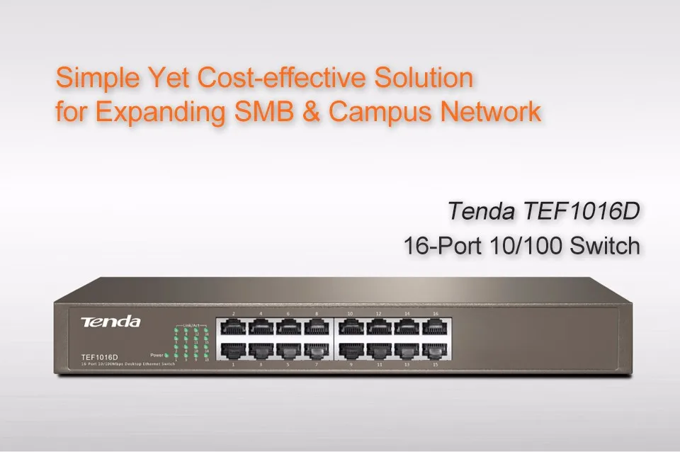 Tenda TEF1016D 16 port 10/100M быстрый сетевой коммутатор, 3,2 Гбит/с, Auto MDI/MDI-X, полудуплексный, 6кВ молниезащита