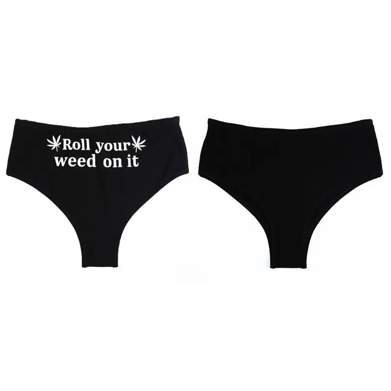 

Women Low Waist Cotton Underwear Sexy Leaves Funny Letters Roll Your Weed On It Printed Back G-String Briefs Night Club Lingerie