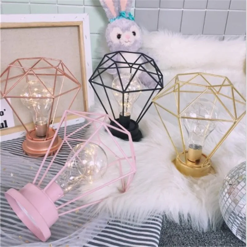 

Simple Retro Style Handmade Iron LED Table Lamp AA Battery/USB Cable Powered Diamond Styling Home Decor Night Light