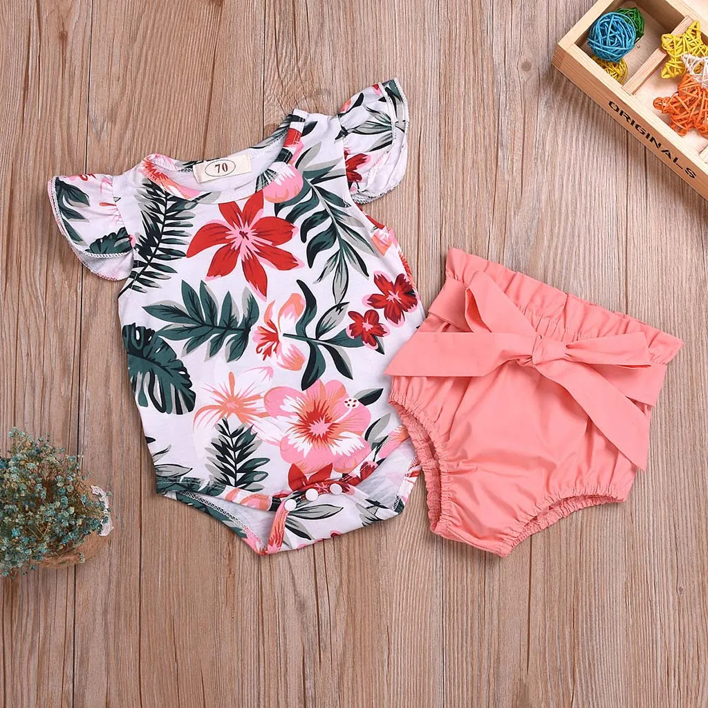 

Infant Baby Girls Fiy Sleeve Flower Leaf Print Romper Bodysuit+Shorts Outfits 2019 NEW Drop Shipping