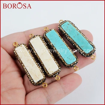 

BOROSA Rectangle Bar White/Blue Howlite Stone Connectors,Handcrafted Pave Rhinestone Drusy Gems Connector Double Bails JAB633