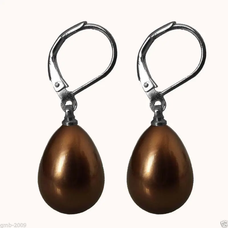 

Hot sale new Style >>>>Fashion 12x16mm Coffee South Sea Shell Pearl Sterling Silver Leverback Earrings