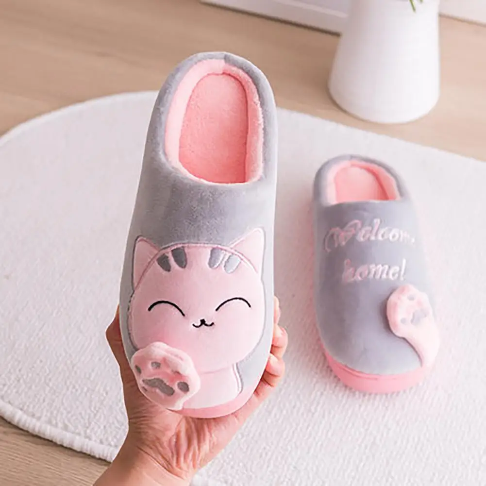 

Cute Plush Cartoon Cat Home Slippers Warm Bedroom Indoor Floor Shoes Women