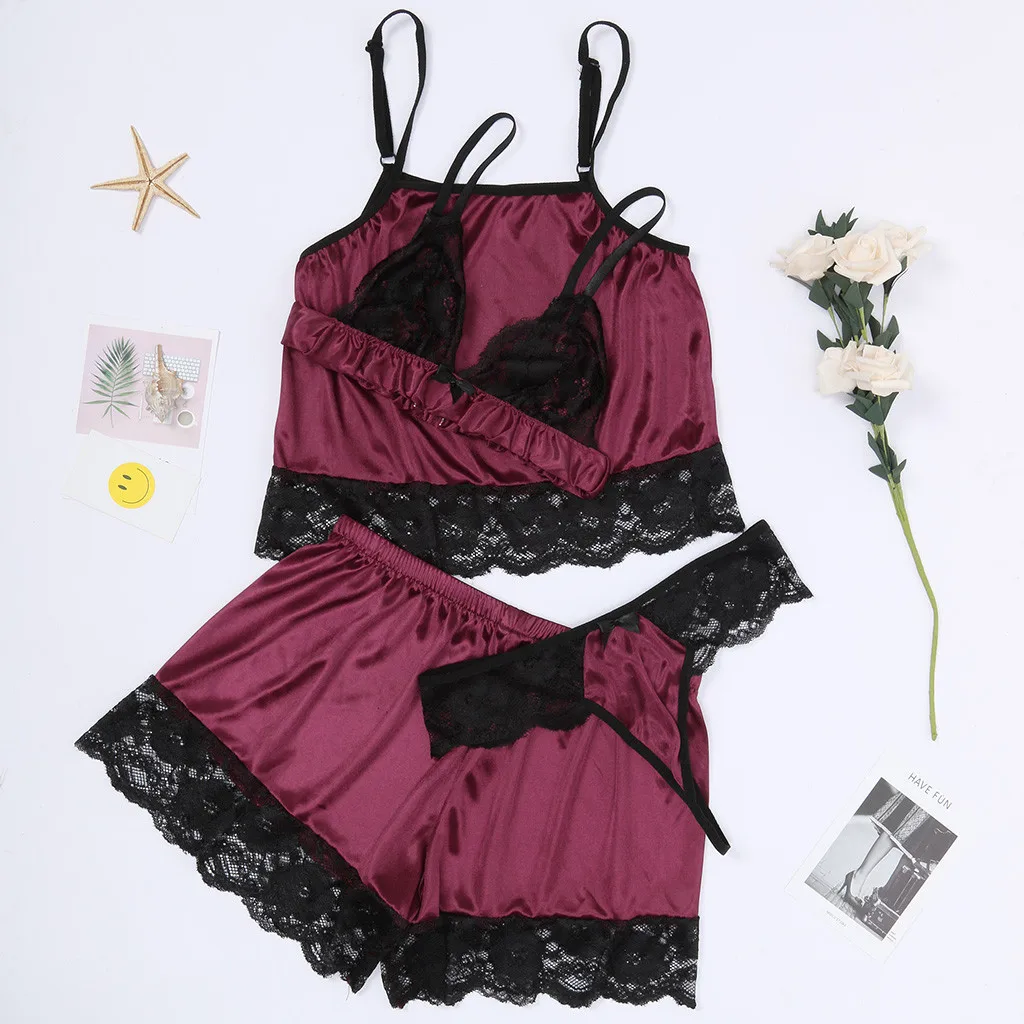 

sexy pajamas Women Lace Sexy Passion Lingerie Babydoll Nightwear 4PC Set pyjamas women #GH