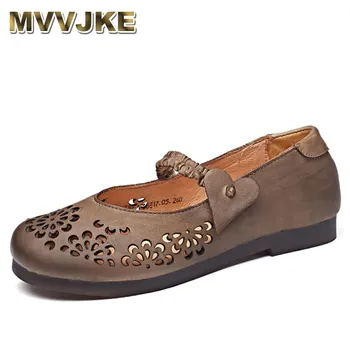 

MVVJKE Handmade Women Hollow Shoes 2018 Summer Retro Genuine Leather Casual Flats Shallow Round Toe Soft Female Shoes Footwear