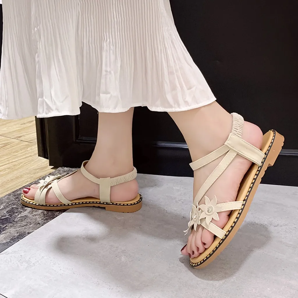 

2019 New Instyle Beauty Lady Women Elastic Band Flower Girl Open Toe Sweet Sandals Flat Beach Summer Shoes