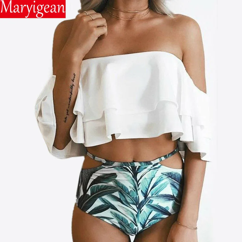 

Maryigean High Waist Swimsuit 2018 Sexy Bikinis Women Swimwear Ruffle Vintage Bandeau Striped Bottom Bikini Set Bathing Suits