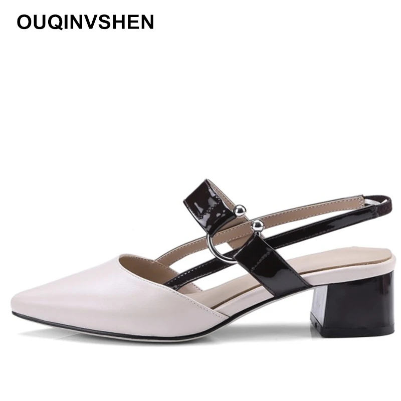 

Ouqinvshen Off White Narrow Band Woman Sandals Pointed Toe Genuine Leather Square heel Summer Sandals Metal Decoration Pumps