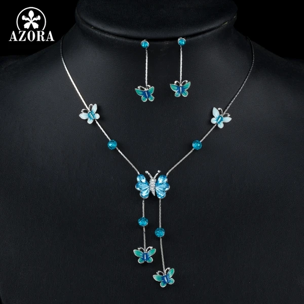 AZORA Elegant Stellux Austrian Crystal Butterfly Oil Painting Pattern Drop Earrings and Pendant Necklace Jewelry Set TG0190