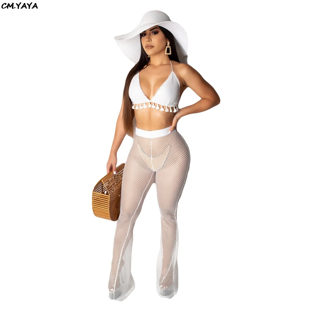

2019 new women gauze grid see though halter neck crop top wide leg pants suit two piece set sexy party beach tracksuit GLDAN8141