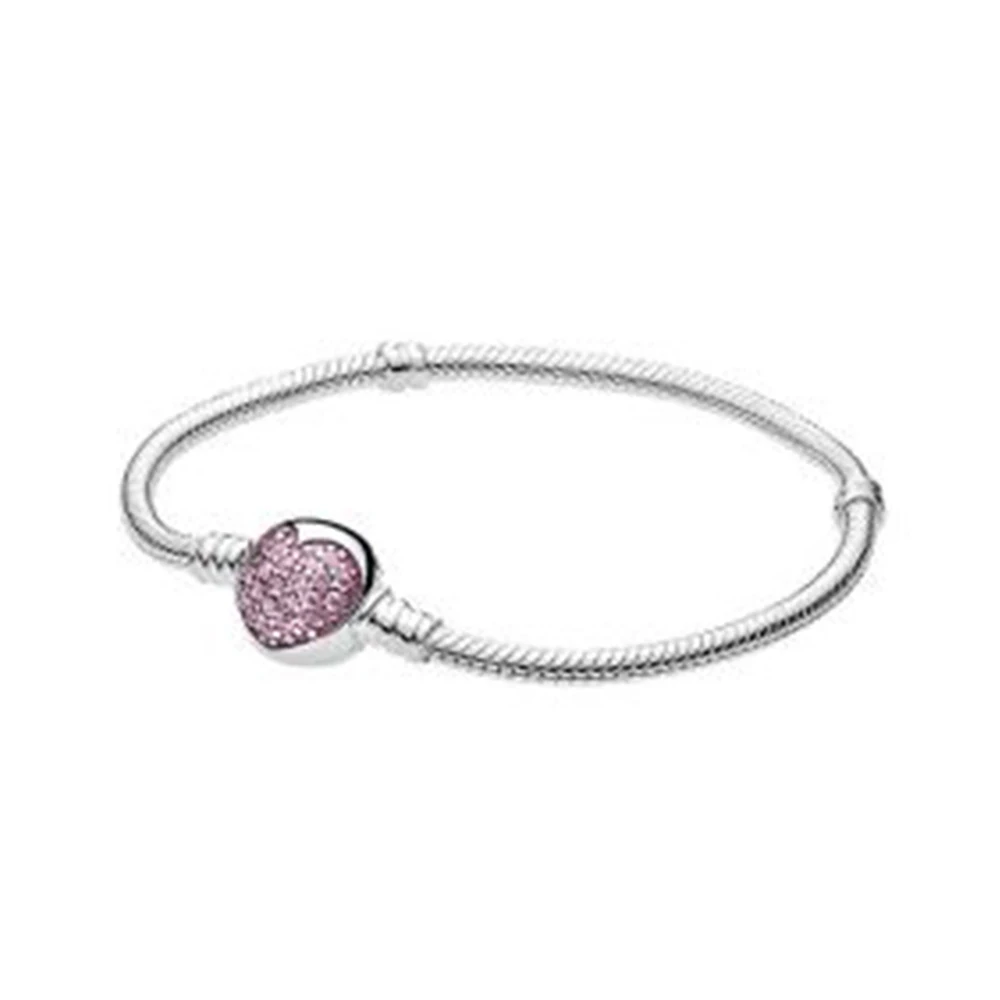 

NEW 2018 New 100% 925 Sterling Silver Sparkling Heart Bracelet Clear CZ Pink Zircon Charm Women of Fashion DIY Gift Jewelry